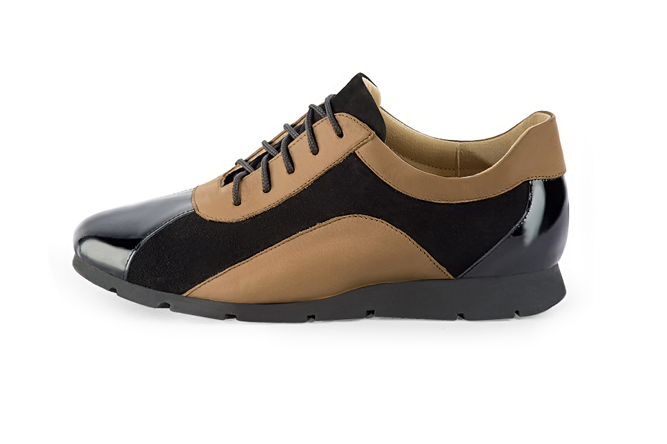 Gloss black and camel beige women's two-tone elegant sneakers. Round toe. Flat rubber soles. Profile view - Florence KOOIJMAN